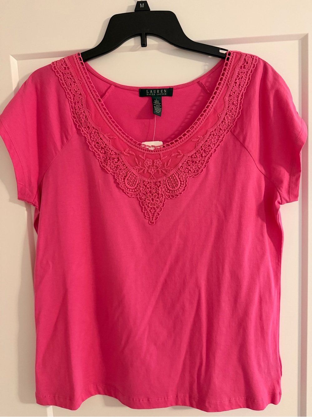 NWT Lauren Ralph Lauren Pink Crochet Lace Trim Top – Size Large